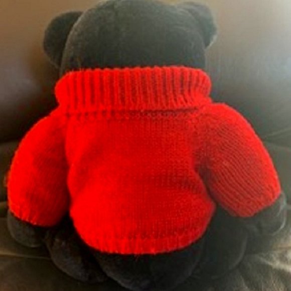 Bear Stearns Soft Stuffed Sitting Black Teddy Bear in Red Sweater - Picture 2 of 4